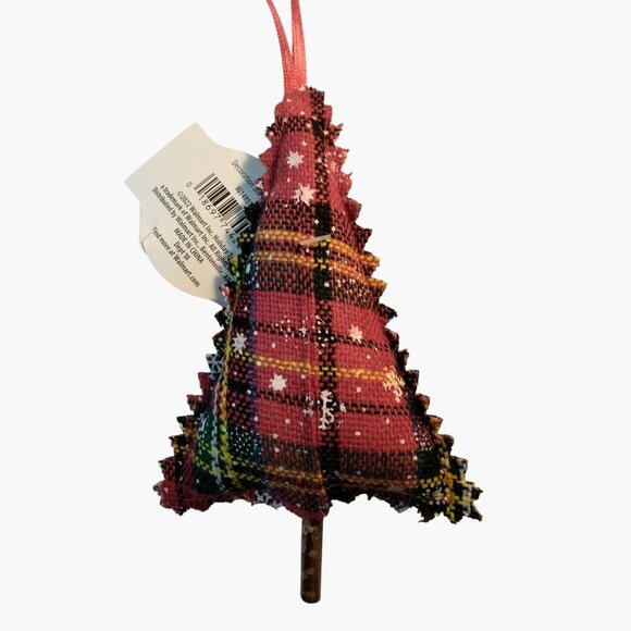 Snowflake Plaid  Christmas Tree Ornament Red Black  Fabric Ribbon Hanger - Picture 2 of 4